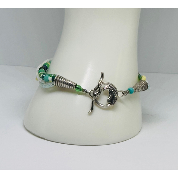 Sterling Green White Yellow Bead Artisan Toggle Bracelet 7.5" - Picture 1 of 6